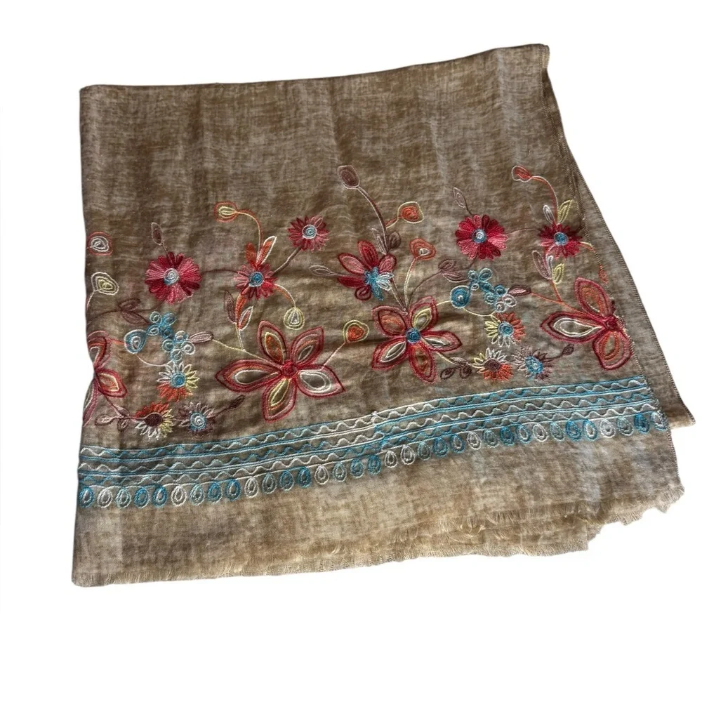 Rare Haw by Twentynine‎ Palms Tan Oversize Floral Embroidered Scarf